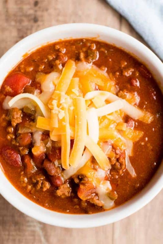 A close up of a bowl of food on a plate, with Slow cooker chili