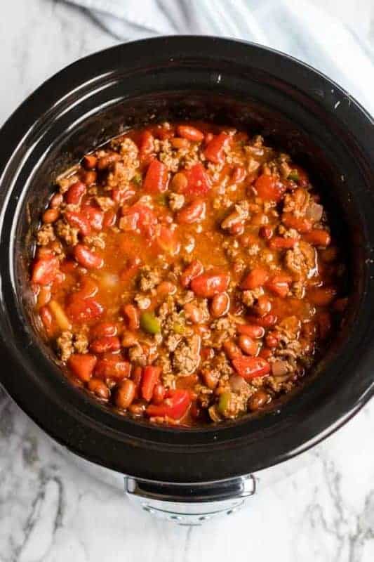 A pot with food in it, with Slow cooker chili