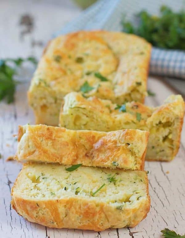A piece of food, with Bread and Zucchini