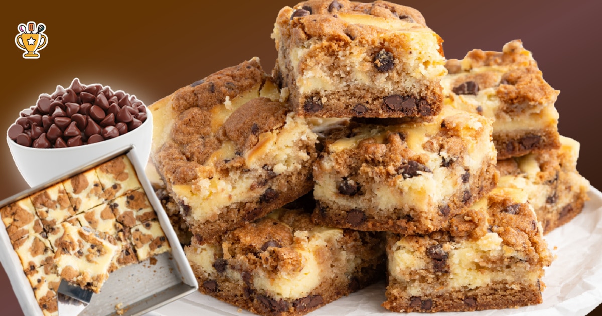 Pile of chocolate chip cheesecake bars with a close-up view of the creamy cheesecake filling and cookie dough layers, shown alongside a bowl of chocolate chips and a pan of freshly sliced bars.