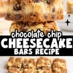 Stacked chocolate chip cheesecake bars with a full pan of sliced bars underneath, emphasizing the gooey chocolate chips and creamy swirled filling.
