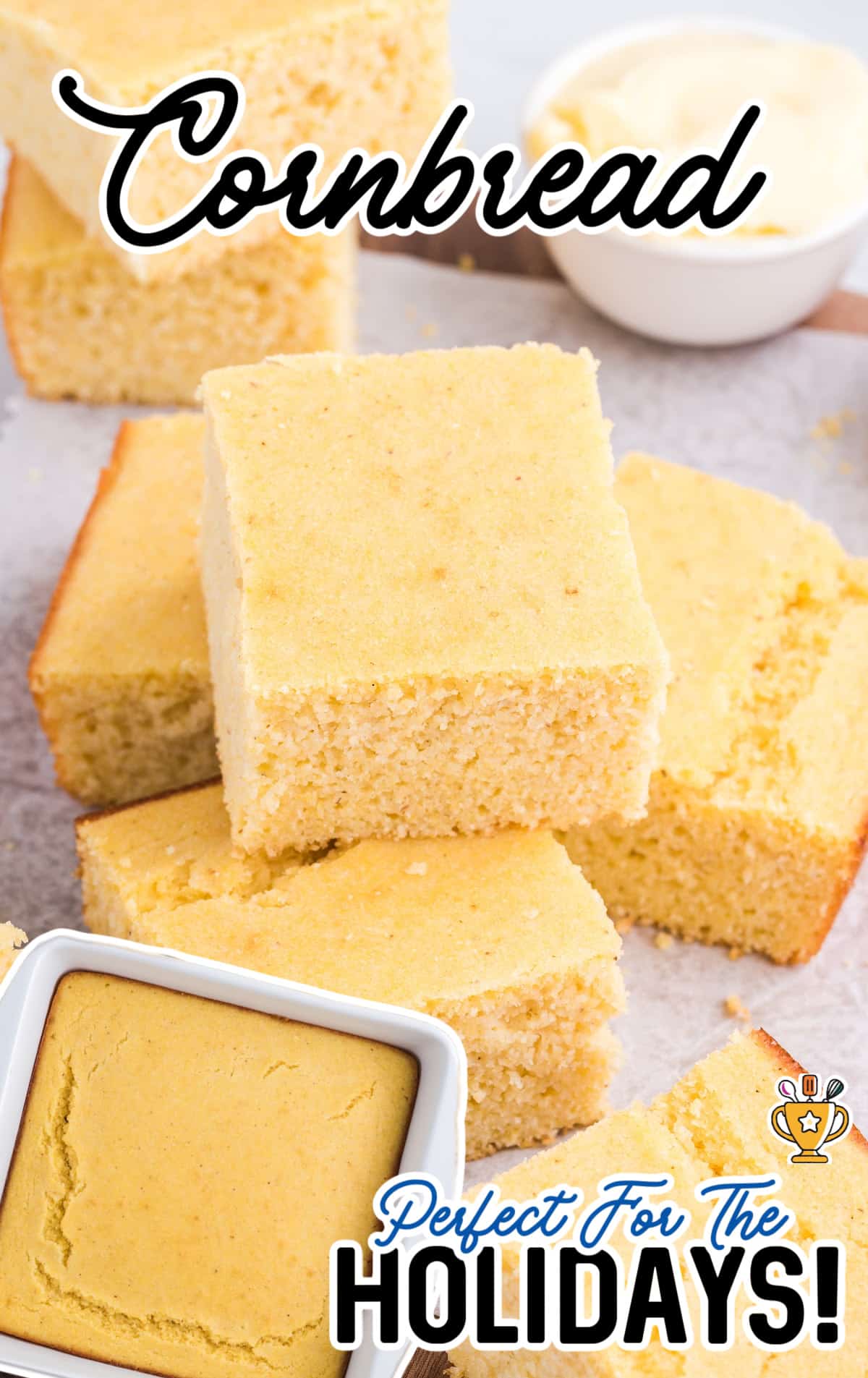 a stack of Cornbread and a white baking ban of Cornbread