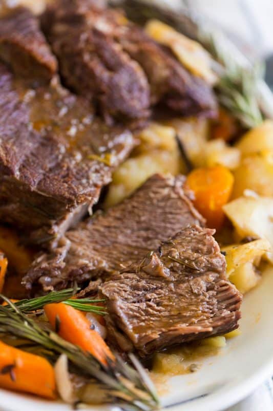 A close up of a plate of food, with Pot roast and Beef