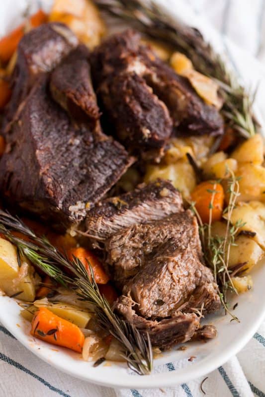 A plate of food, with Pot roast and Beef