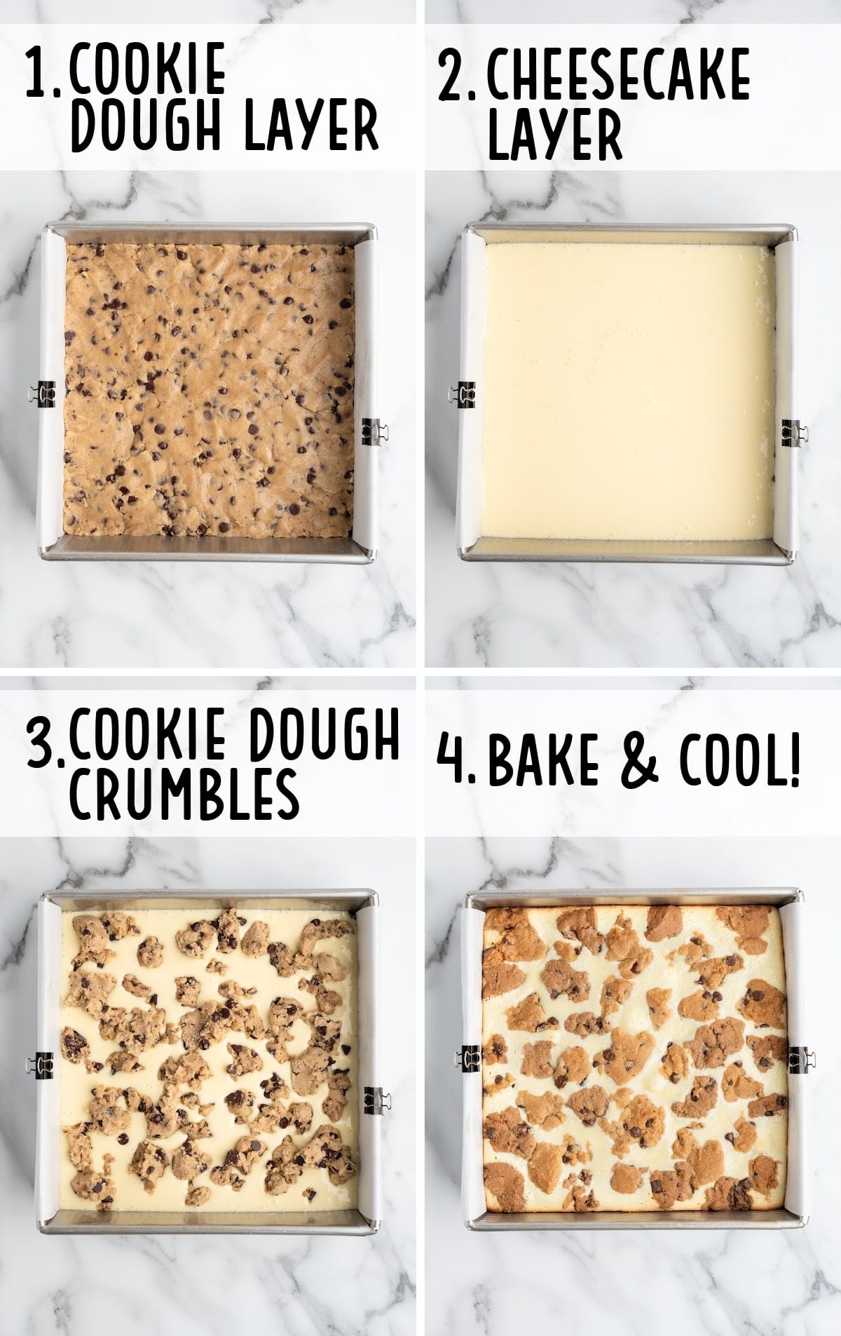 Four-step process collage showing cookie dough pressed in a pan, cheesecake layer poured on top, cookie dough crumbles added, and the fully baked cheesecake bars.