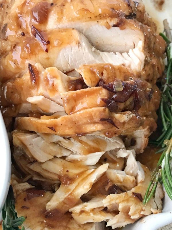 A close up of a plate of food, with Turkey and Thanksgiving