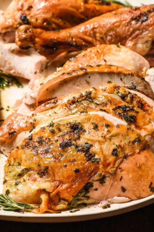 A close up of a plate of food, with Turkey and Garlic