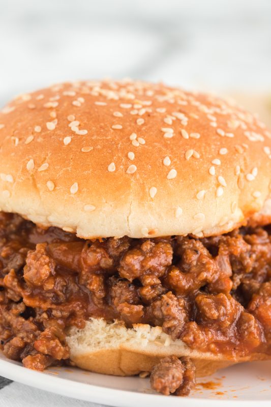 A close up of a sandwich on a plate, with Sloppy joe and Beef