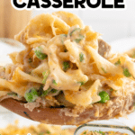 Creamy tuna casserole made with egg noodles, tuna, green peas, melted cheese, and a crispy breadcrumb topping.