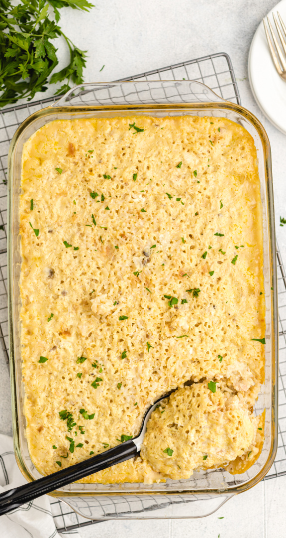 Chicken and Rice Casserole in baking pan