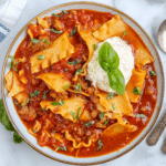 Lasagna Soup finished in a bowl topped with ricotta and fresh basil