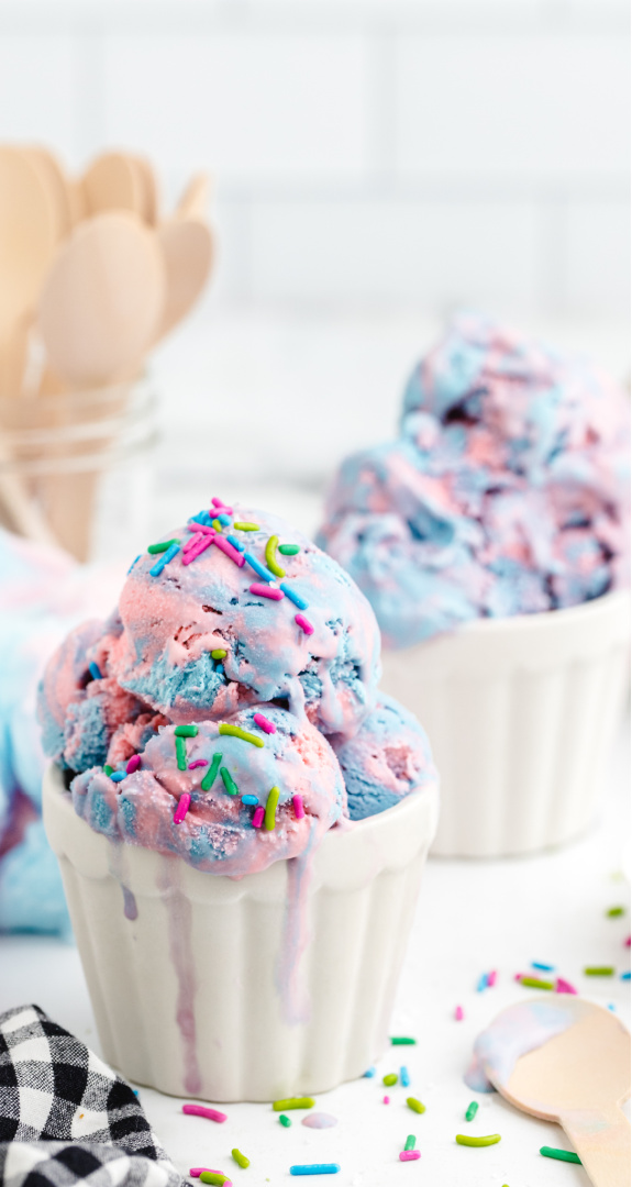 No-Churn Cotton Candy Ice Cream in cups