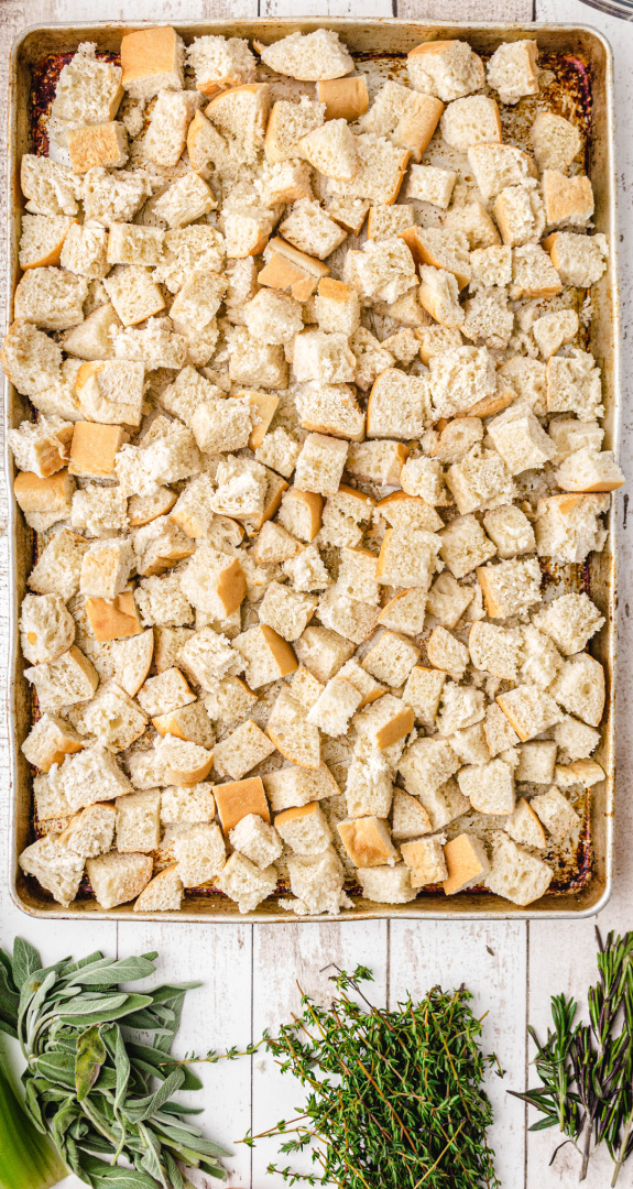stale bread for stuffing on tray
