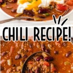 Hearty homemade chili served in a bowl topped with shredded cheese, sour cream, and green onions, with a second close-up image showing a ladle scooping thick chili filled with beans, ground meat, and diced vegetables. Text highlights it’s ready in under 45 minutes.
