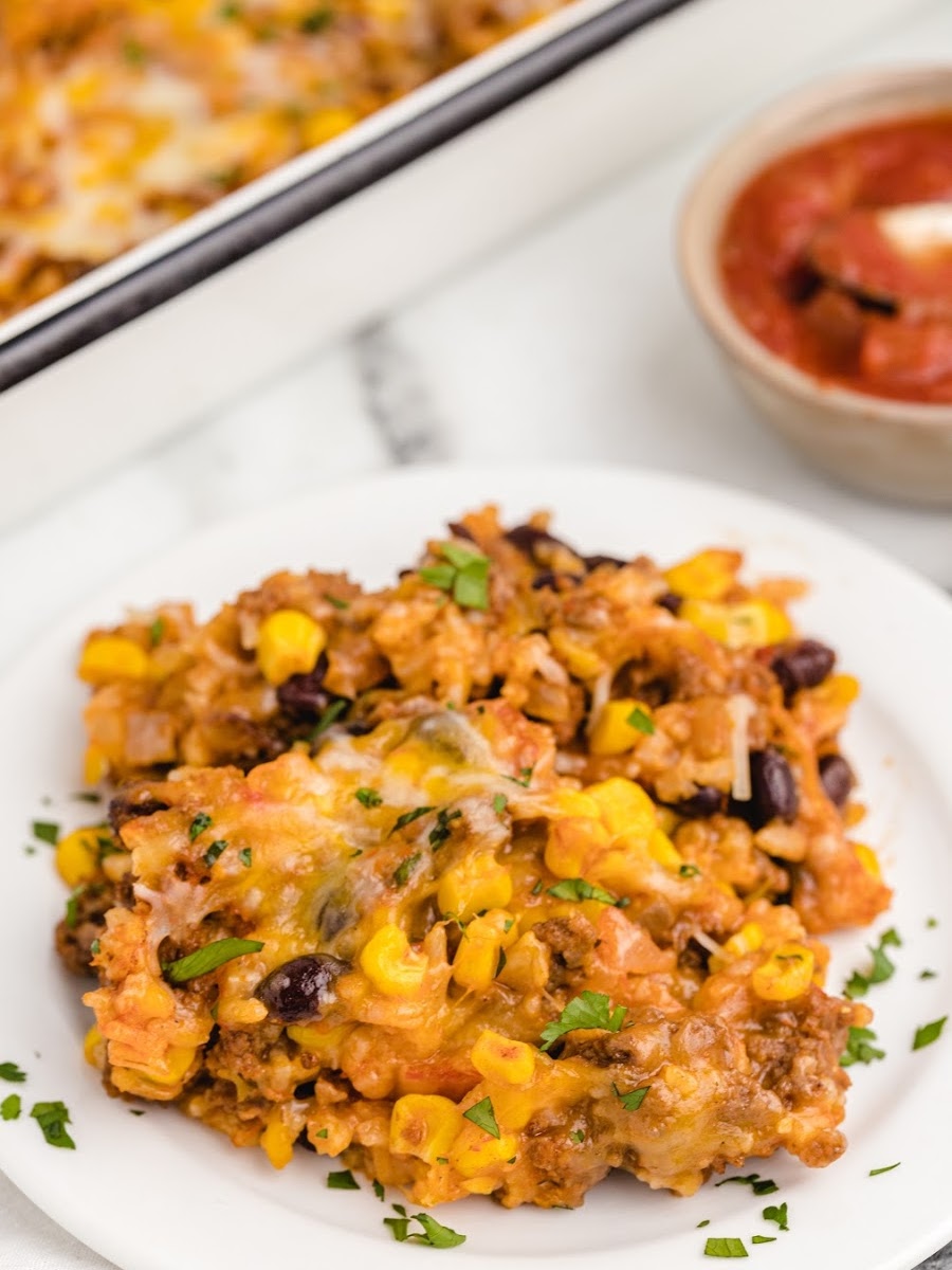 Mexican Beef and Rice Casserole served on plate