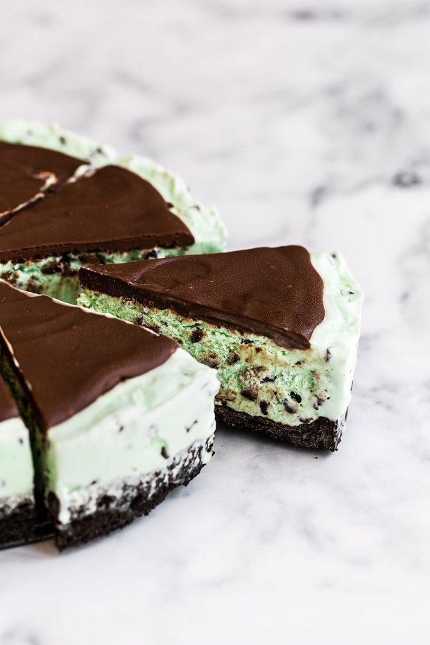 A piece of chocolate cake on a plate, with Mint chocolate chip