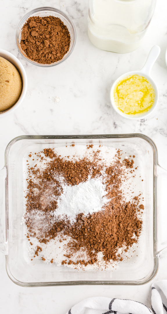 mix together flour, cup cocoa powder, granulated sugar, and baking powder.