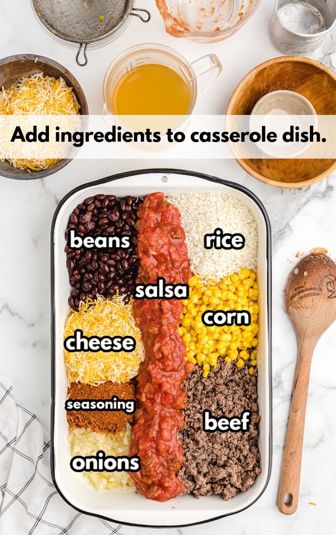 adding Mexican Beef and Rice Casserole ingredients to casserole dish