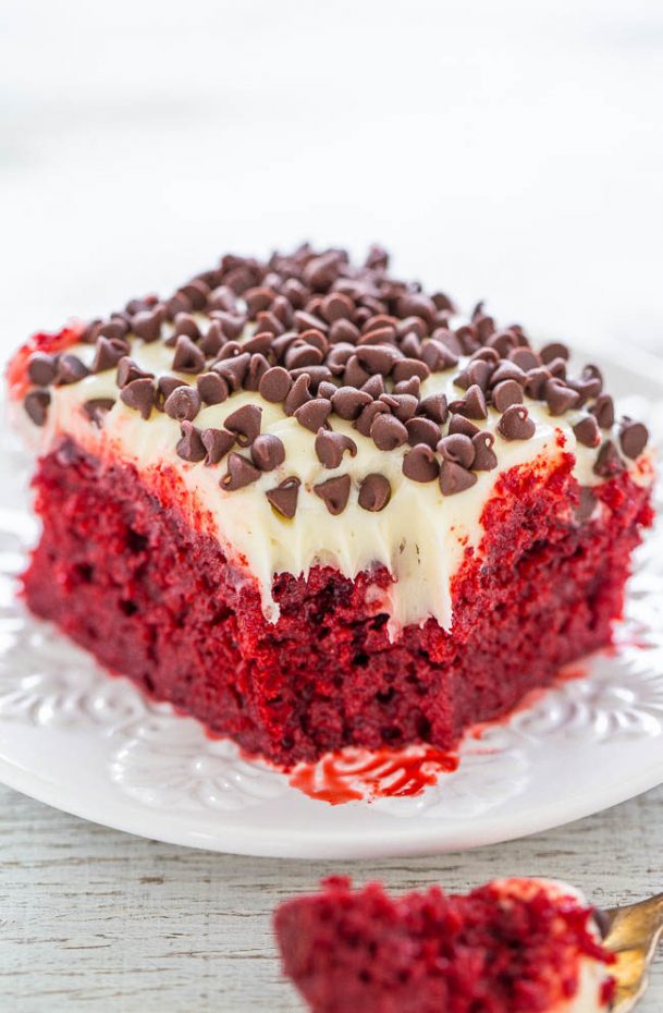 A close up of a piece of chocolate cake on a plate, with Red velvet cheesecake and Red velvet cake