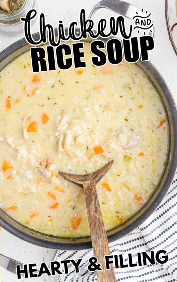 A bowl of soup, with Chicken and rice soup