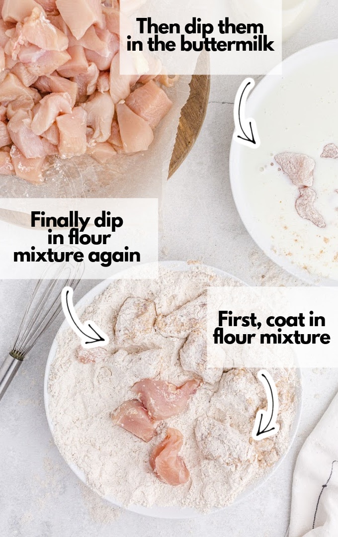 dip chicken in buttermilk and flour