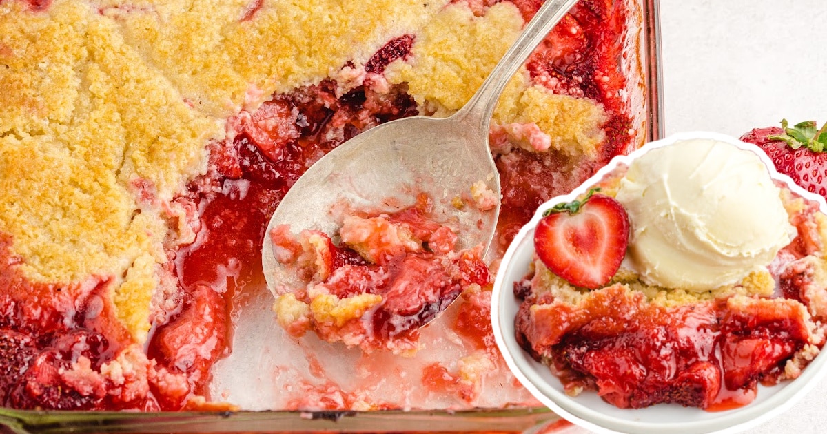 A serving of strawberry cobbler beside a baking dish of cobbler.