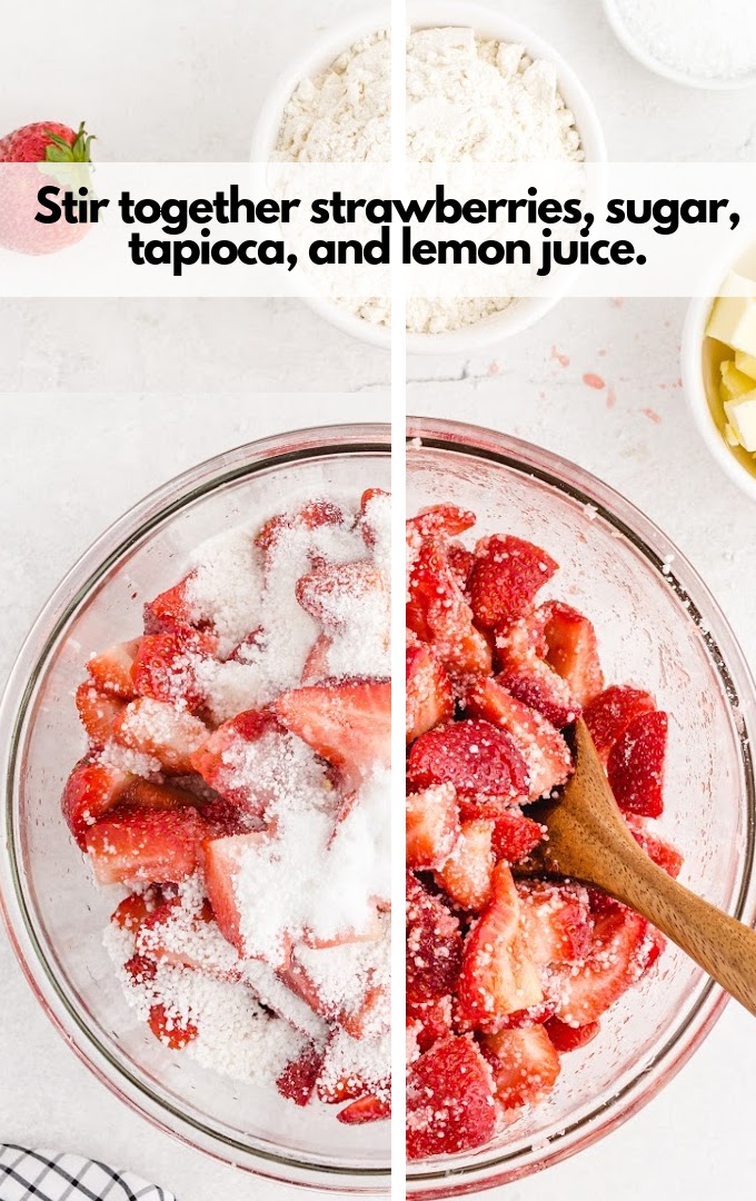 mix strawberries, sugar, tapioca, and lemon juice