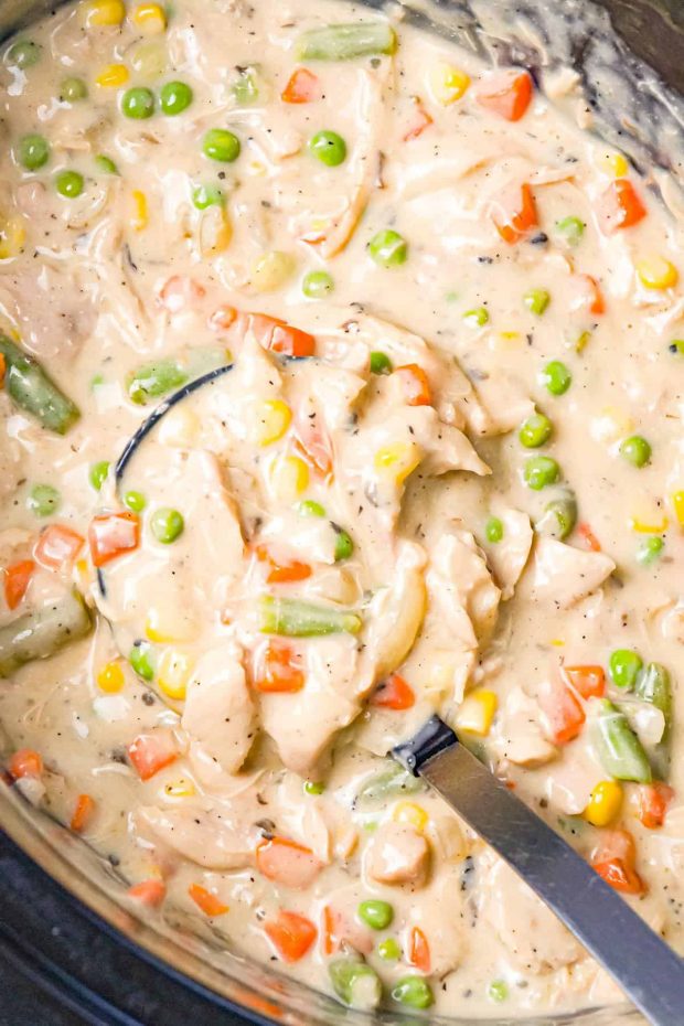 A pan of food, with Chicken and Cream