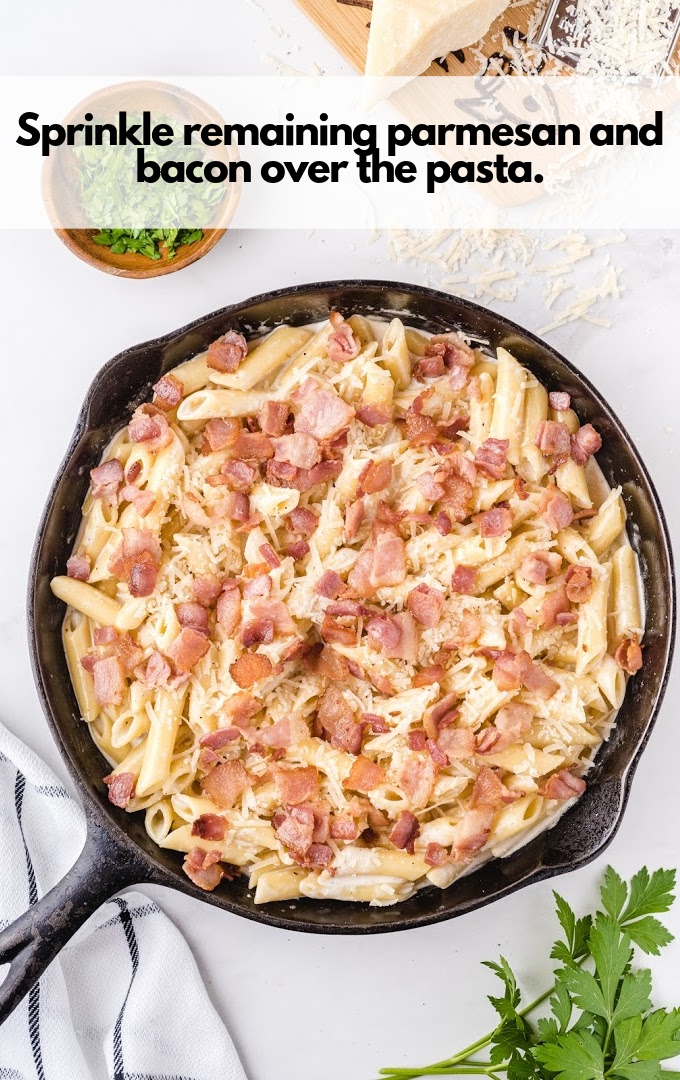 parmesan and bacon sprinkle over pasta