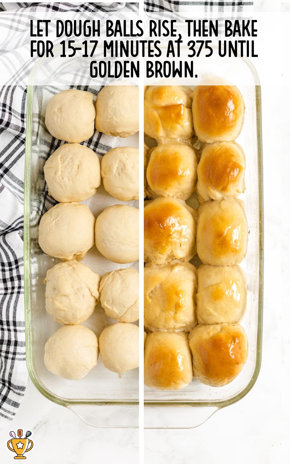 Before-and-after view of dinner roll dough balls in a glass baking dish, showing risen dough on one side and golden brown baked rolls on the other, highlighting fluffy texture and buttery finish after baking.