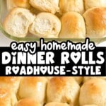 Pinterest-style image of buttery homestyle dinner rolls pulled apart to show fluffy interiors, with text overlay promoting easy homemade dinner rolls perfect for holidays and family dinners.