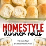 Vertical image of soft dinner rolls baked until golden and glossy, featuring bold text &ldquo;Easy Homemade Dinner Rolls Roadhouse-Style,&rdquo; emphasizing fluffy texture and classic comfort food appeal.