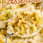 Chicken and stuffing casserole with tender chicken in creamy sauce topped with golden seasoned stuffing.