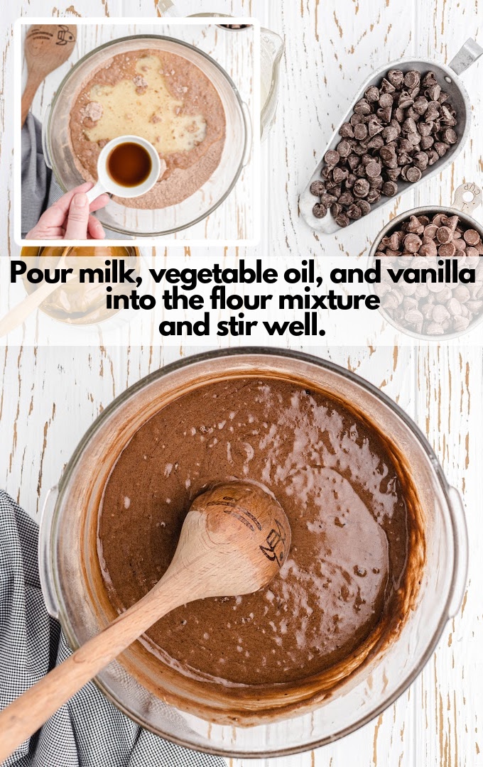 pour milk, vegetable oil and vanilla in flour mixture