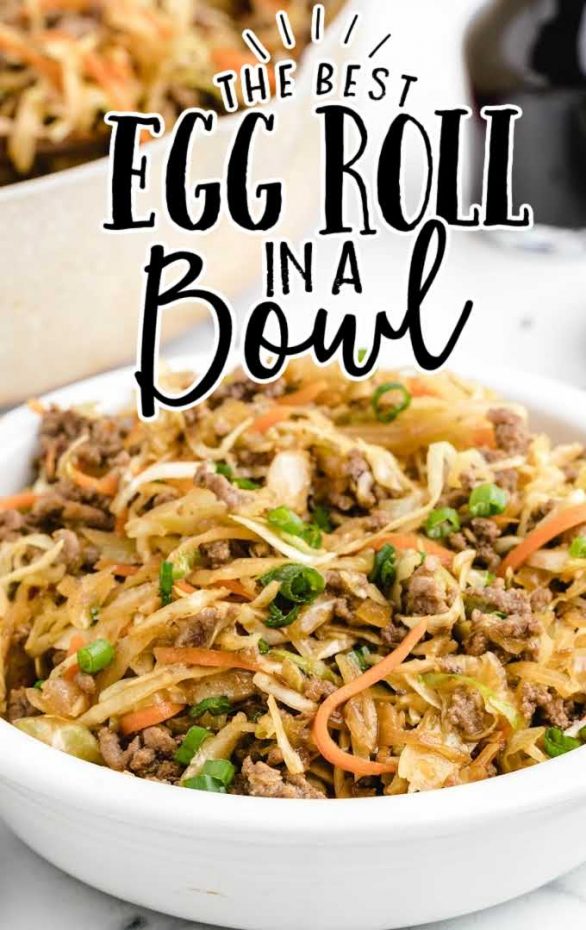 A bowl of food, with Egg roll in a bowl