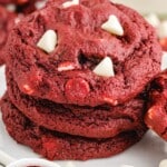 A stack of red velvet cookies
