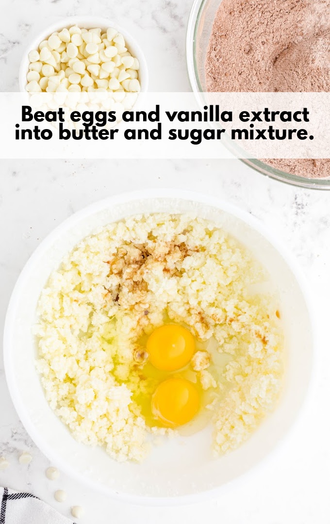 beat eggs and vanilla with butter and sugar mixture