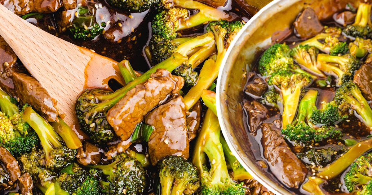 Pan of beef and broccoli in a savory sauce next to a close-up of the saucy dish served over white rice.
