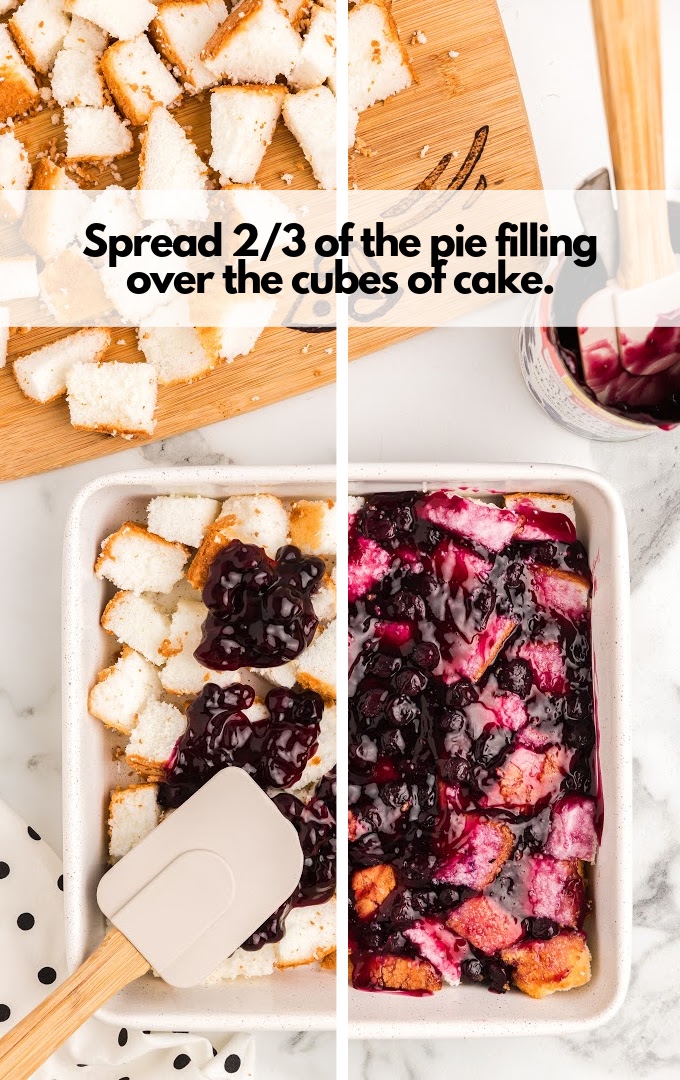 layer with angel food cake cubes and pie filling 
