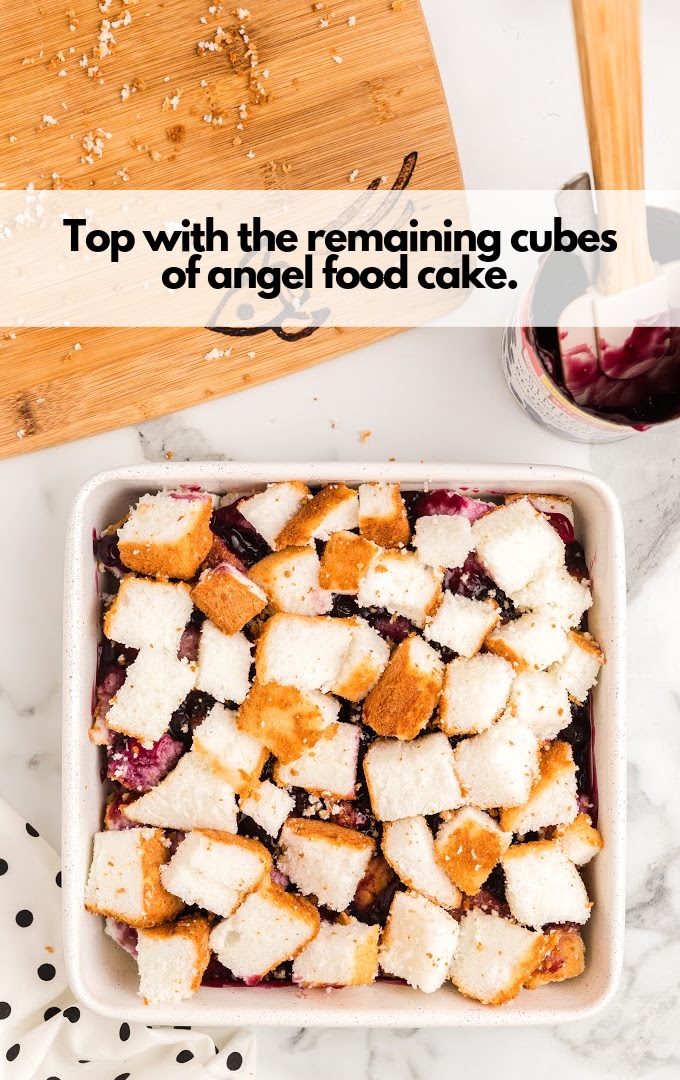 top blueberry layer with angel food cake cubes