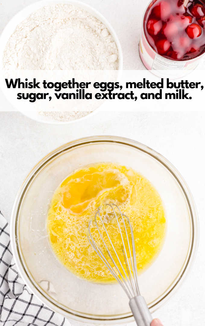 whisk eggs, butter, sugar, vanilla and milk