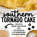 Close-up of a moist slice of Southern Tornado Cake on a white plate, topped with a gooey, golden coconut-pecan mixture. Below the cake image is a recipe card with bold black text listing ingredients for the cake and its topping, alongside smaller images showing the full cake in a glass dish and a saucepan filled with coconut and chopped pecans.