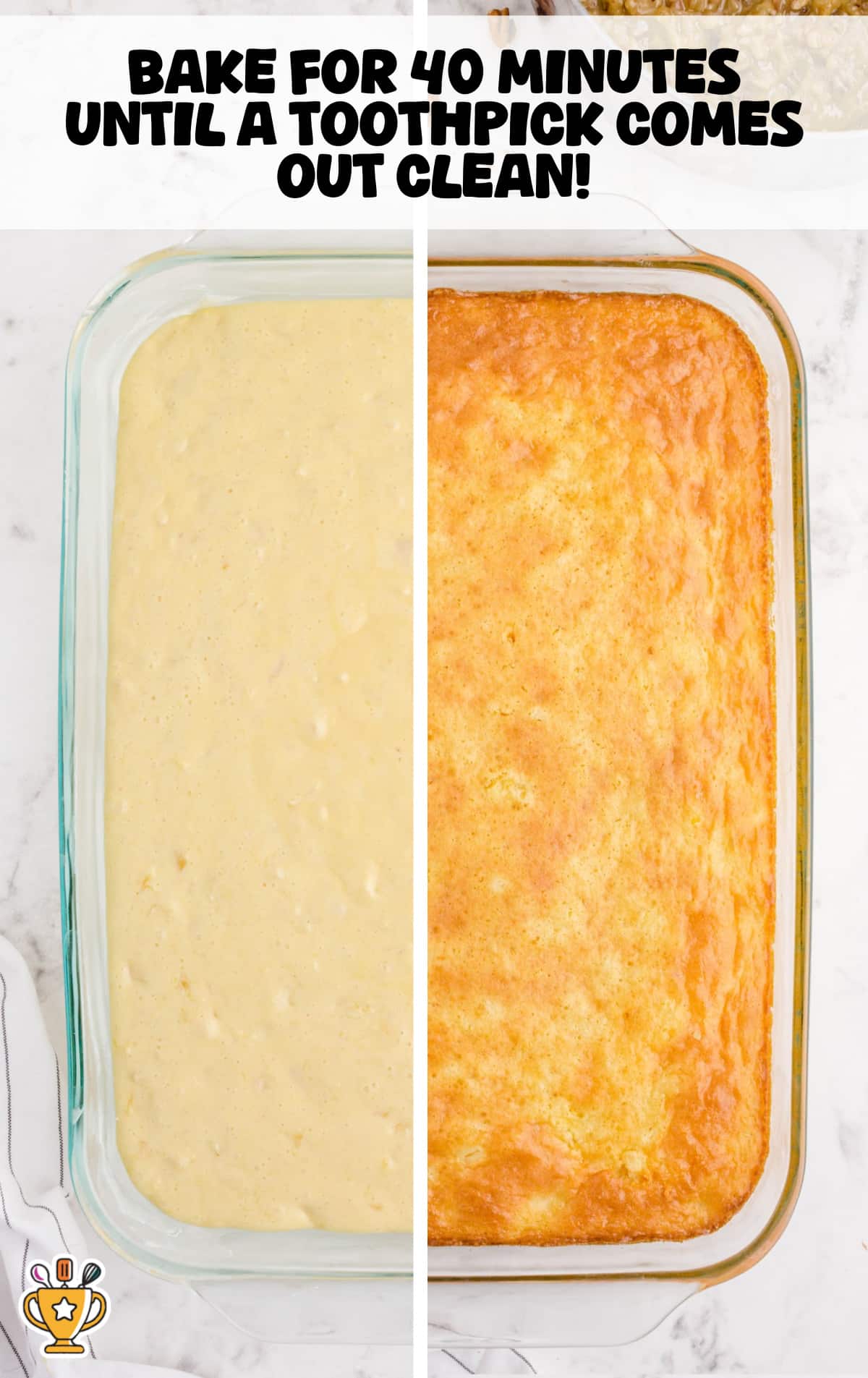 “Side-by-side view of a glass baking dish showing unbaked and baked Southern-style tornado cake; the left side contains yellow cake batter with pineapple, while the right side shows the golden brown, fully baked cake with a slightly crisp top.”