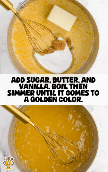 A golden yellow mixture of melted butter, sugar, vanilla, and egg yolks being whisked in a saucepan, transforming from a thick mixture into a smooth golden sauce as it simmers.