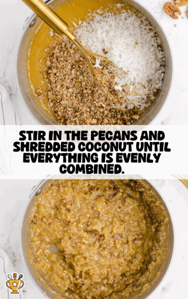 Overhead view of a saucepan showing chopped pecans and shredded coconut being stirred into a thick golden caramel mixture for a Southern Tornado Cake topping. The final image displays the fully combined, chunky coconut-pecan topping, rich in texture and ready to spread.