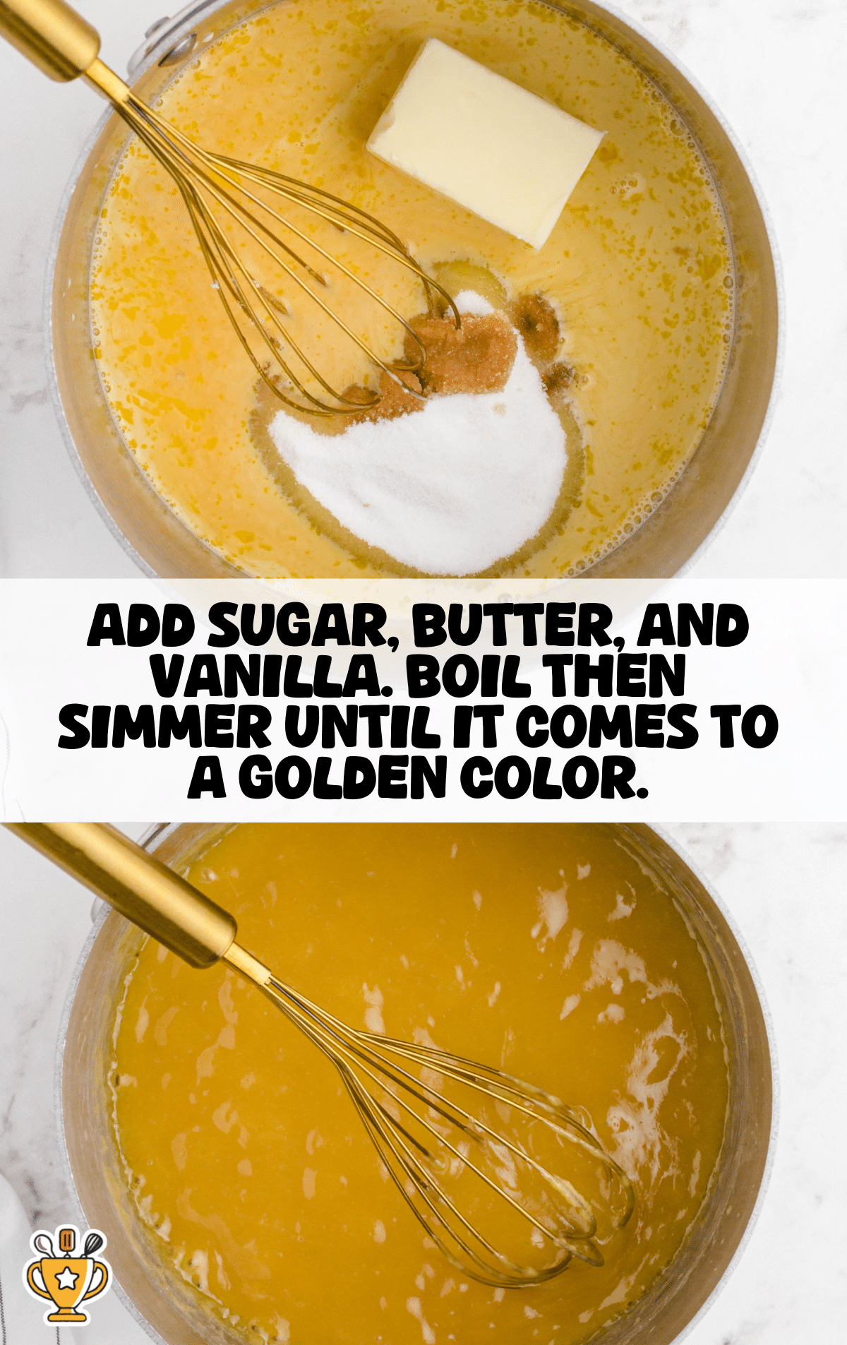 A golden yellow mixture of melted butter, sugar, vanilla, and egg yolks being whisked in a saucepan, transforming from a thick mixture into a smooth golden sauce as it simmers.