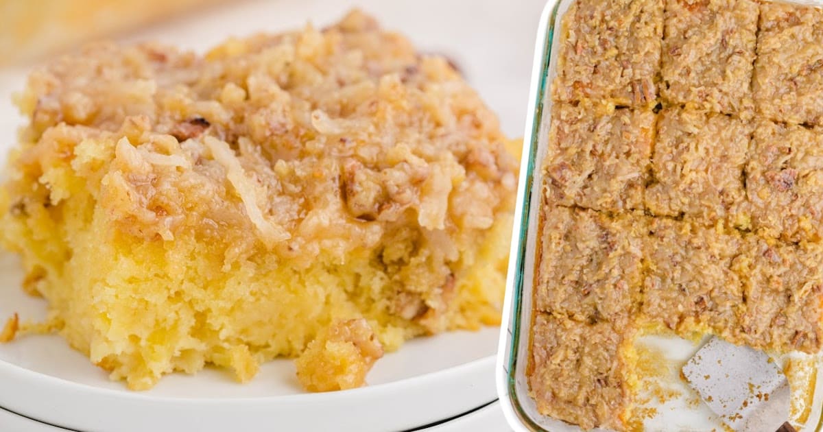 "Close-up of a slice of moist Tornado Cake topped with a golden coconut and pecan mixture, resting on a white plate. Beside it, a baking dish filled with neatly cut squares of the same cake, with a few pieces missing from the corner."