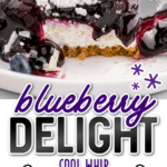 blueberry delight on a serving plate with a bite forked out of the piece