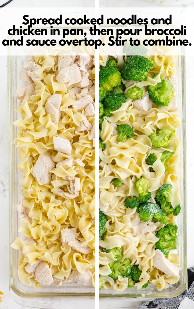 spread noodles, chicken, broccoli and sauce in pan