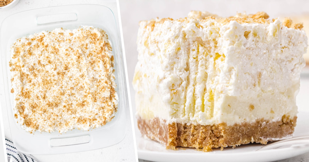 A whole Pineapple Delight in a baking dish and a slice on a white dessert plate.